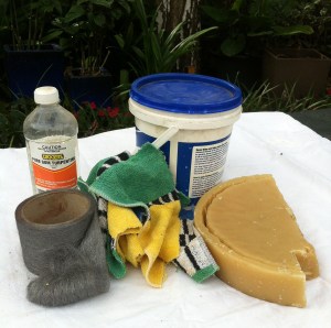 beeswax, turps, steelwool and old towelling