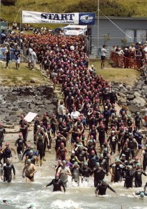 Ready for the start of an open-water swim